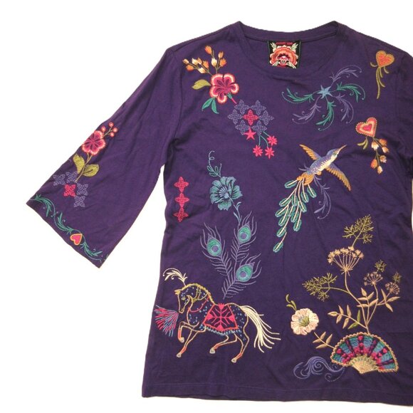 NWT Johnny Was Ariela Boxy Knit Tee in Plum Purple Embroidered Cotton Top XS - Picture 2 of 4